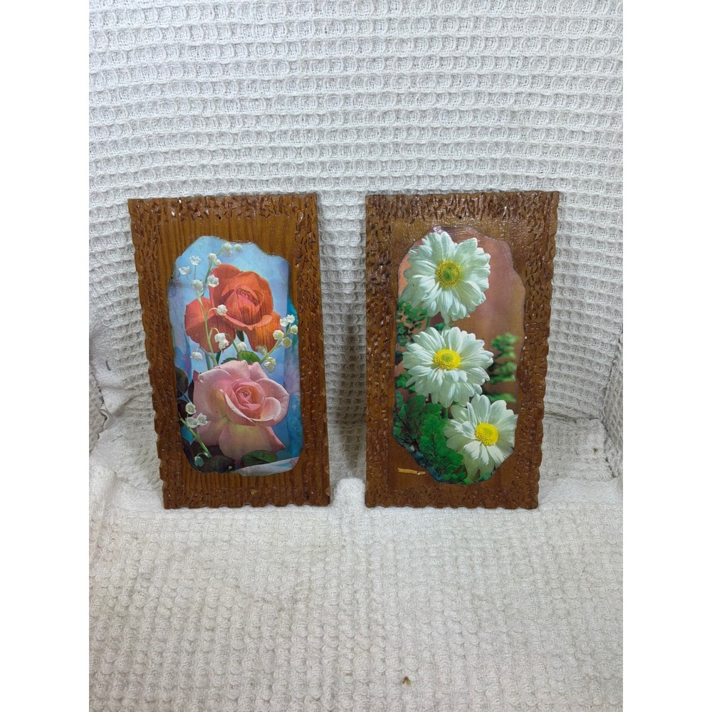 Vintage 70s Unisex Unbranded Floral Resin Wall Plaque Set 10x5 Brown